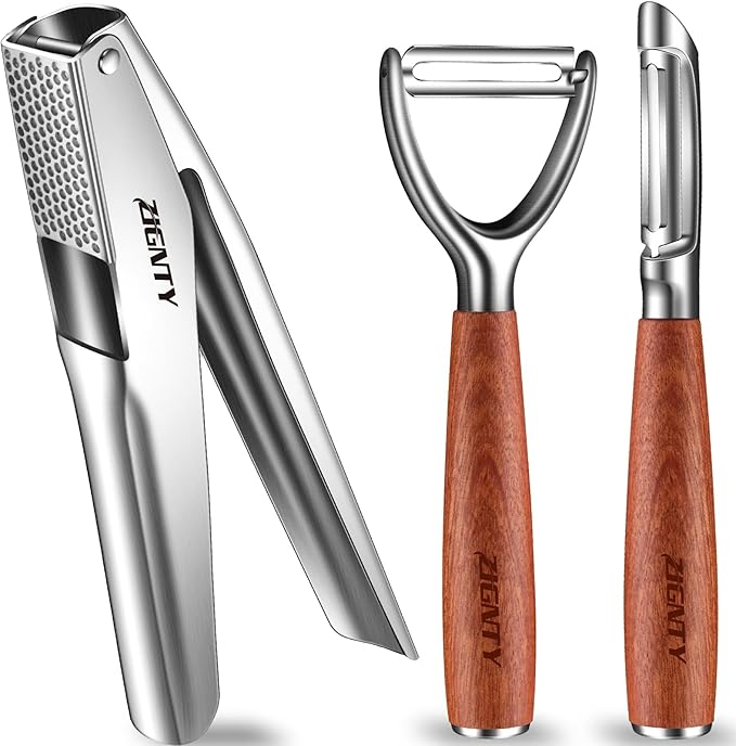 Premium Kitchen Tool Kit, Stainless Steel Garlic Press + Y Shaped & I Shaped Wooden Peeler Set, Heavy Duty Ergonomic Handle, 5-year Warranty
