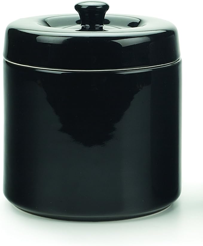 RSVP International Stoneware Grease Keeper with Lid & Stainless Steel Mesh Strainer, 6 Cup Capacity, Black