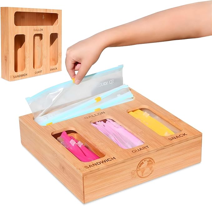 Earth’s Dreams Bamboo Kitchen Drawer Organizer – Resealable Food Storage Bag Holder for Gallon, Quart, Sandwich & Snack Sizes – Eco-Friendly Baggie Organizer for Plastic Storage Bags