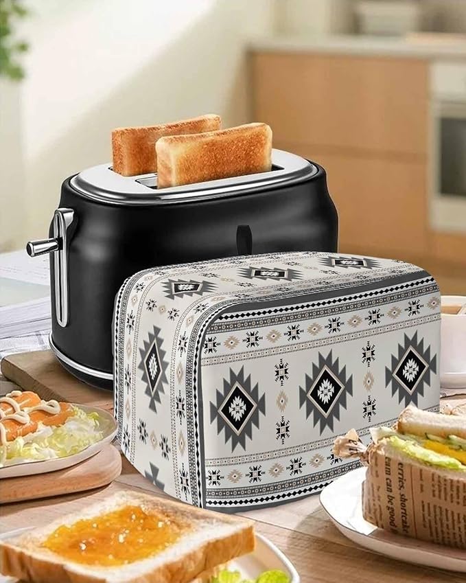 Gray Beige Boho Toaster Cover 2 Slice, Ethnic Tribe Vintage Dustproof Bakeware Oven Protector with Top Hook, Southwestern Waterproof Small Kitchen Appliance Toasters Dust Cover, 11"x6"x8"