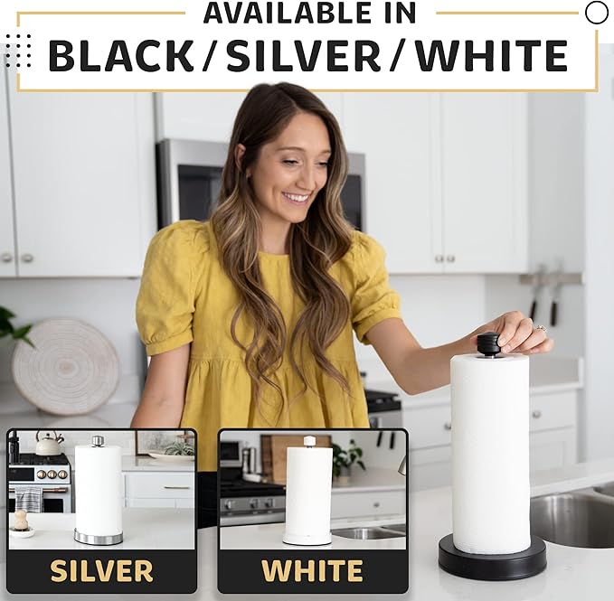 Heavy-Duty Stainless Steel Paper Towel Holder - Easy One-Handed Tear with Suction Cups - Modern Weighted Standing Countertop Dispenser for Kitchen - Holds All Paper Towel Rolls, Black