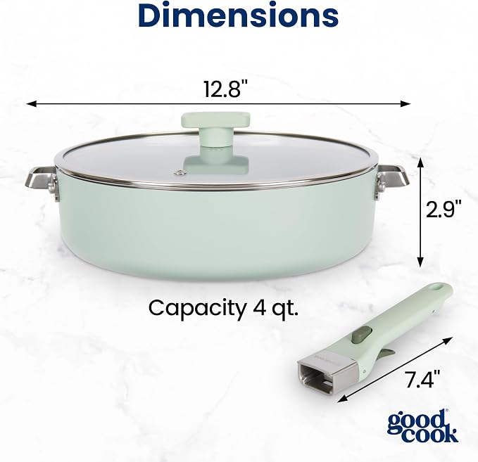 GoodCook Ceramic Deep Saute Pan Skillet with Removable Handle & Lid, Induction Compatible, Nonstick and Oven Safe, 4-Quart, Sage Green