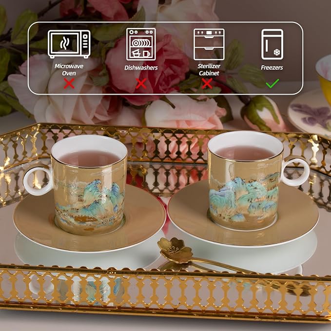 KAMMAK Tea Cups and Saucers Set of 2, Porcelain Coffee Cups, Stackable Espresso Mugs, Ceramic Demitasse for Coffee, Cappuccino, Latte, Americano, Tea, Small - River and Mountains