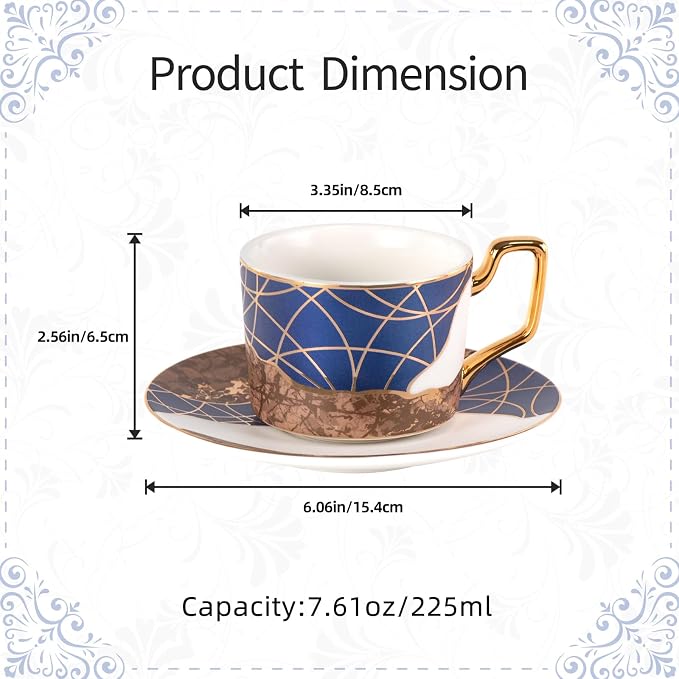 KAMMAK Tea Cups and Saucers Set of 2, Porcelain Coffee Cups, Stackable Espresso Mugs, Ceramic Demitasse for Coffee, Latte, Americano, Tea, Golden Age