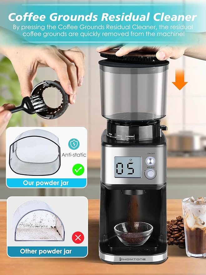 Homtone Conical Burr Espresso Coffee Grinder – 51mm Stepless Electric Bean Grinder with Grind Settings, Precision Timer, Stainless Steel Mill with Portafilter Holders, Anti-Static for Drip/Moka