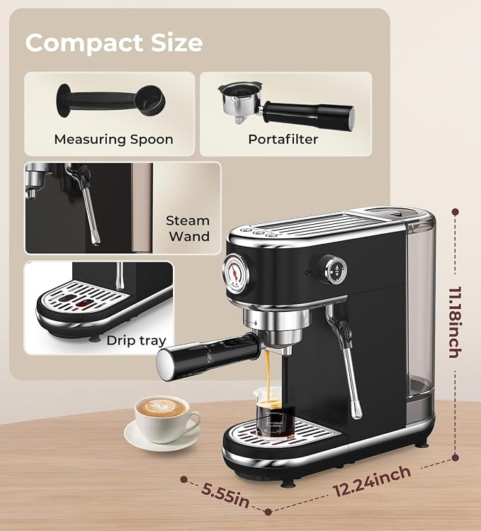 Atatix 20 Bar Espresso Machine with Milk Frother, Professional Compact Espresso Maker, Stainless Steel Coffee Machine with Precise Temp Control & 44oz Removable Water Tank for Latte, Cappuccino, Black