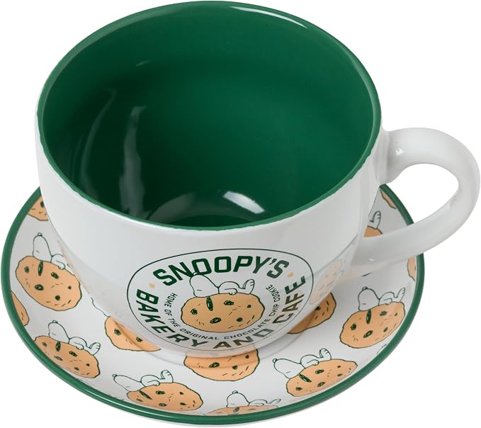 Silver Buffalo Peanuts Snoopy's Bakery and Cafe Cookie Pattern Oversized Ceramic Teacup and Saucer Set, 22 Ounces