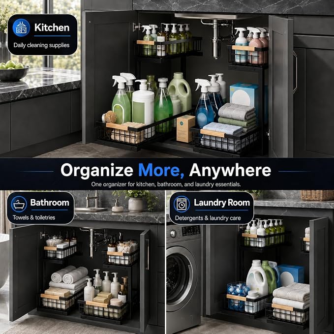 𝐆ee𝐁om Under Sink Organizer, Pull Out Kitchen Storage Cabinet Organizer, 2-Tier Metal Slide Out Shelf for Bathroom Laundry Kitchen Storage with Drawers, 11.8"W x 15.9"D x 13.8-16.9"H, Black, 2 Pack