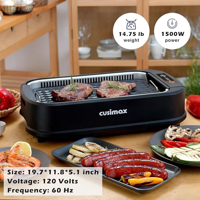 Smokeless Grill Indoor, CUSIMAX Electric Grill, 1500W Portable Korean BBQ Grill with LED Smart Display & Tempered Glass Lid, Non-stick Removable Plate, Dishwasher Safe, Black