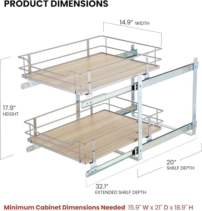 Home Zone Living Pull Out Kitchen Cabinet Organizer with 2 Tiers of Storage for Easy Access, 15”W x 20”D, Satin Nickel with Light Brown, Virtuoso Collection