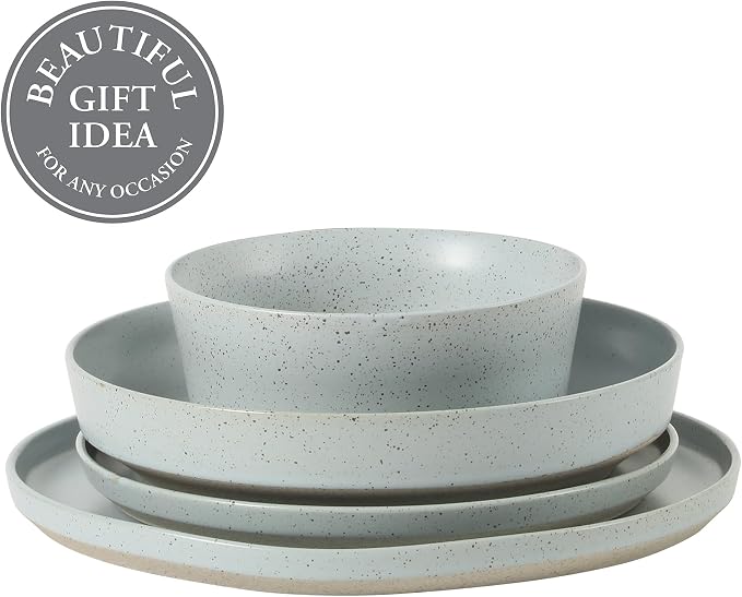 Gibson Elite Overbrook 16-Piece Pottery Clay Stoneware Dinnerware Set – Light Blue Reactive Glaze, Stackable Plates and Bowls w/Pasta Bowl, Service for 4 – Microwave & Dishwasher Safe