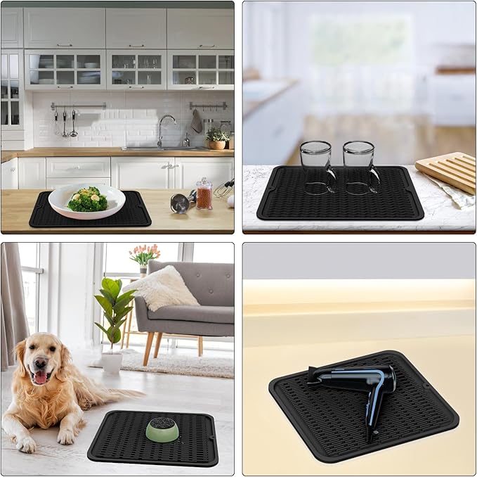 ZLR 2 Pcs Large Silicone Dish Drying Mat (16" x 18") - XL Heavy Duty Drainboard Mat for Pots, Pans & Family Loads - Heat Resistant Trivet & Counter Protector, Easy Clean (Black)