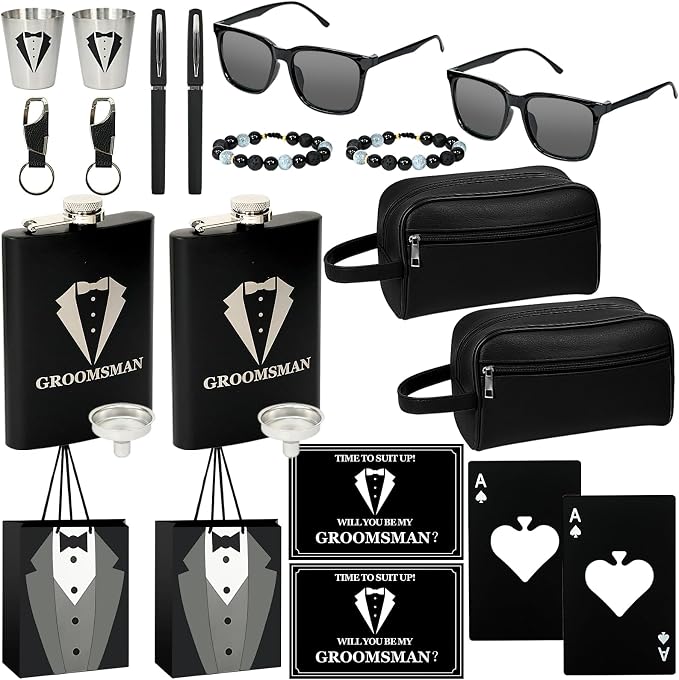 Set 2 Groomsmen Proposal Gifts - Groomsmen Gift Boxes with Leather Bag，Tuxedo Flask, Funnel，Shot Glasse，Poker Card Bottle Openers, Sunglasses, Pen，Bracelet, Card & Gift Bags for Wedding Party