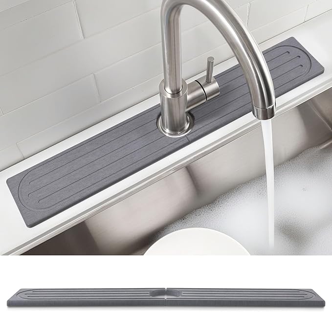 Snuggery Diatomite Faucet Mat Splash Guard - Quick Dry Stone Mat Sink Tray 23.6"x4" – Super Absorbent Non-Slip Faucet Drip Mat Around Faucet – Drying Stone Protector for Kitchen Sink Bathroom (Grey)