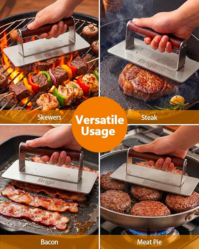 Brigii Stainless Steel Burger Press Smasher - 9"x4" Rectangular Grill Press with Wooden Handle(Heat-Proof), Non-Stick Smooth for Hamburger Patties, Bacon, Steak & BBQ Grilling, Dishwasher Safe
