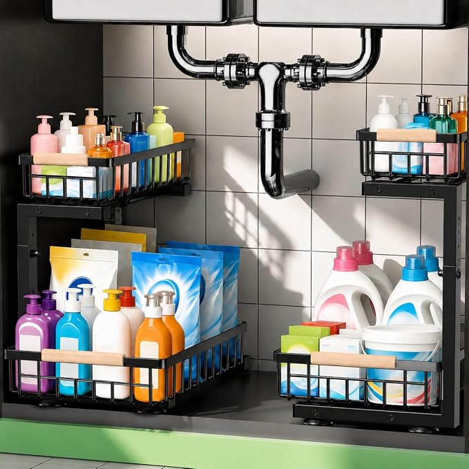 𝐆ee𝐁om Under Sink Organizer, Pull Out Kitchen Storage Cabinet Organizer, 2-Tier Metal Slide Out Shelf for Bathroom Laundry Kitchen Storage with Drawers, 11.8"W x 15.9"D x 13.8-16.9"H, Black, 2 Pack