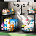 𝐆ee𝐁om Under Sink Organizer, Pull Out Kitchen Storage Cabinet Organizer, 2-Tier Metal Slide Out Shelf for Bathroom Laundry Kitchen Storage with Drawers, 11.8"W x 15.9"D x 13.8-16.9"H, Black, 2 Pack