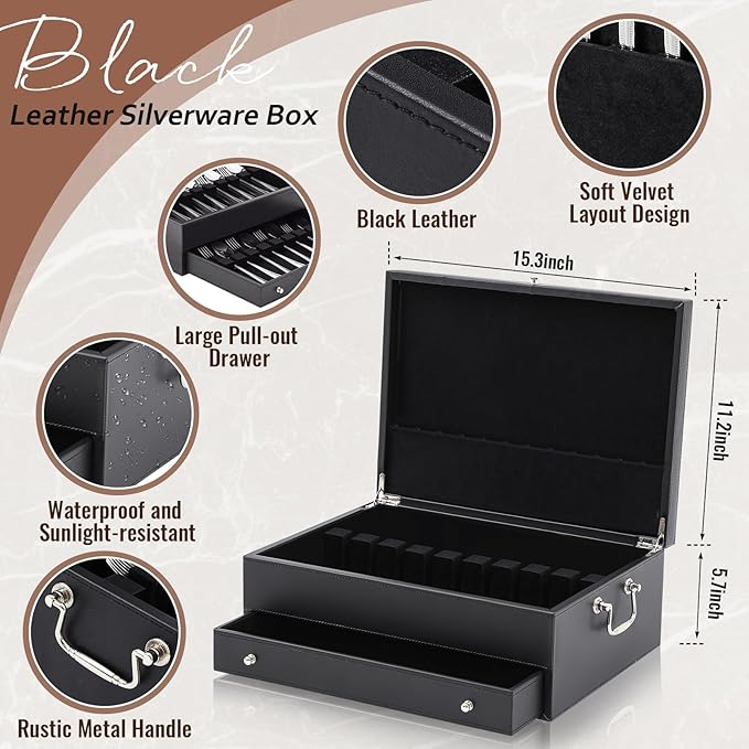 DoubleFill 2 Layer Leather Silverware Storage Box with Lid and Handles, Anti Tarnish Silverware Storage Chest Case with Felt-lined for 12-16 or More Sets of Utensils Flatware Gifts, 15.3x11.2x5.7 Inch
