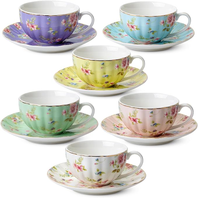 BTaT- Floral Tea Cups and Saucers Set of 6 (7 oz), Porcelain Tea Cups Set of 6, Pastel Bloom Design with Gold Trim, Dishwasher & Freezer Safe
