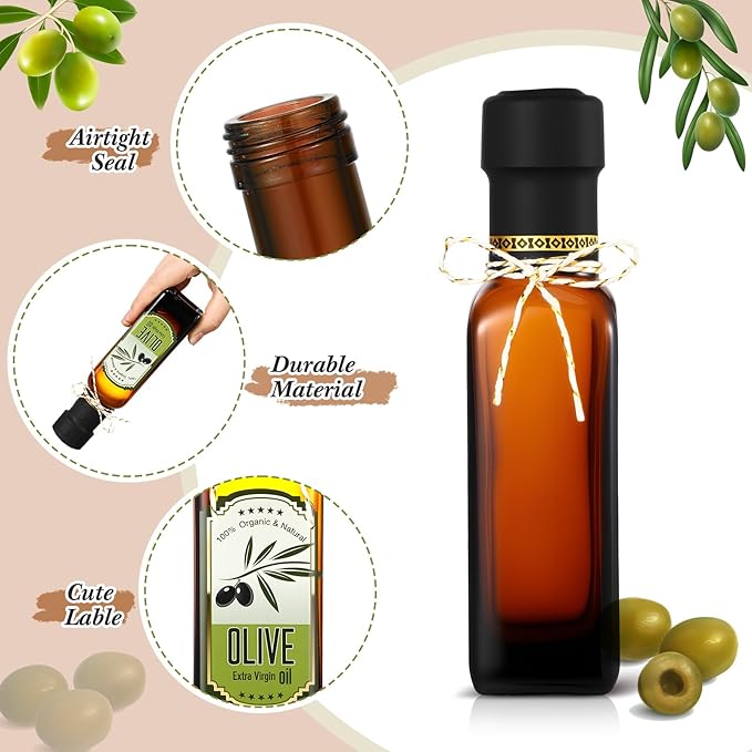Reallnaive 20 Pcs 4 oz Mini Glass Olive Oil Bottles Empty Sauce Condiment Bottles with Dropper Inserts and Sticker Seals Caps for Gifts Kitchen (Sqaure,Brown)