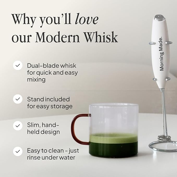Morning Made Electric Matcha Whisk - Matcha Frother Alternative to Traditional Bamboo Whisk - Battery Operated Milk Frother Wand with Protective Stand - Achieve Creamy Froth, Dual Blade, Easy to Clean