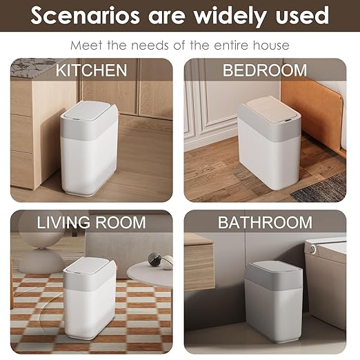 Smart Sensor Trash Can with Slide Lid - 3.2 Gallon Automatic Bathroom Kitchen Waste Bin Touchless Motion Smart Trash Bin for Narrow Spaces, Office, Bedroom, Living Room (White)