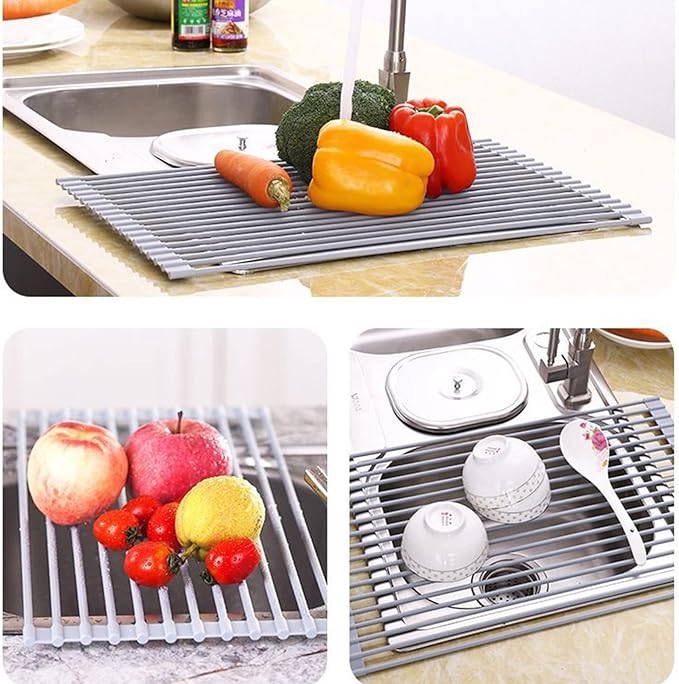 Over Sink Roll Up Dish Drying Rack - Silicone Coated Stainless Steel Kitchen Strainer(52 * 33.5cm)
