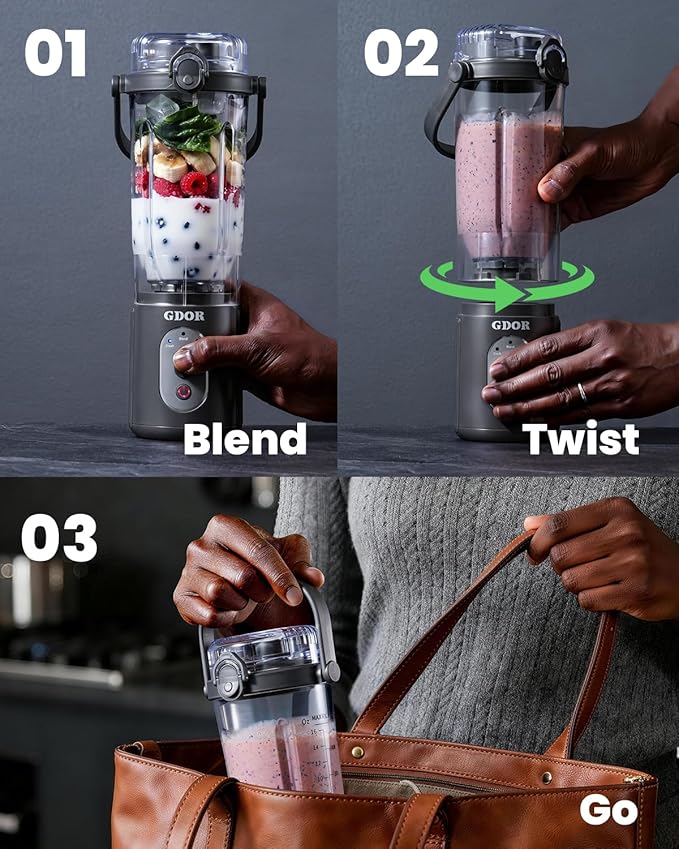 GDOR Portable Blender Cordless, Personal Mini Blender for Shakes and Smoothies, USB-C Rechargeable, with 3 Programs, Ice Crush, Blend and Smoothie, 2x23oz Removable Cups, BPA-Free