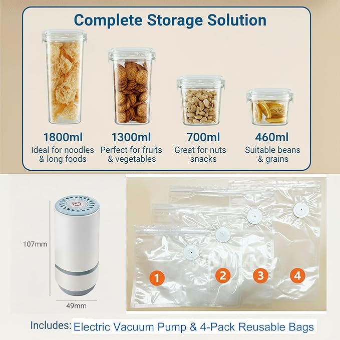 Vacuum Container,Vacuum Seal Containers,4pcs Airtight Food Storage Containers with Lids,4pcs Food Vacuum Bags/ 1pc Automatic Pump,for Kitchen and Pantry Organization (Rectangula)