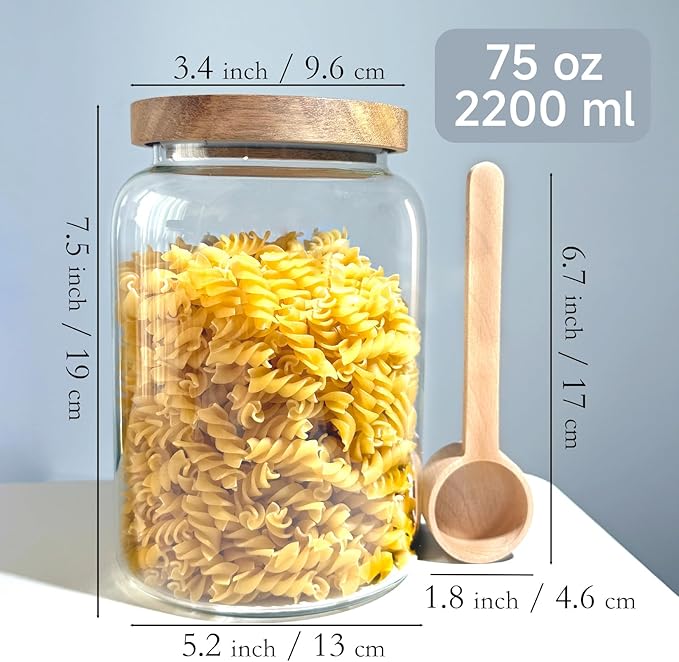 yutrenn Large Glass Jars with Airtight Wood Lid and Spoon Flour Container Food Glass Jar for Kitchen Storage Canisters for Tea, Spice, Egg, Coffee, Storage Jar Sets (75 Oz, 2200ml)