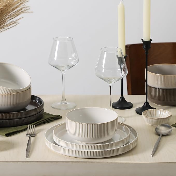 Frewinky Stoneware Dinnerware Sets for 4,12 Piece Kitchen Plates and Bowls Set,Reactive Glaze Porcelain Dinnerware Sets Scratch Resistant,Dishwasher and Microwave Safe, Cappuccino White