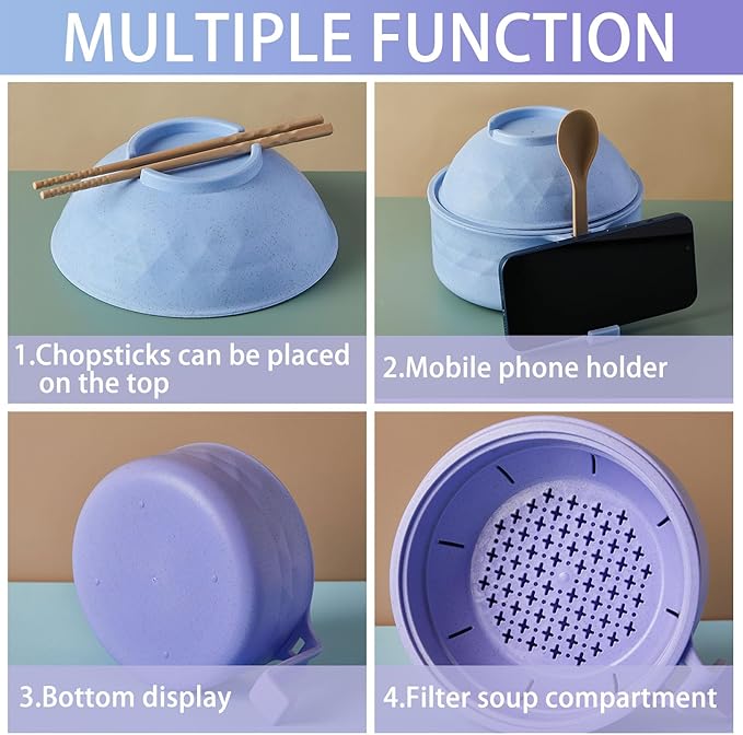2 Sets Microwave Ramen Bowl 40 oz Wheat Fiber Portable Instant Noodle Cooker Bowl with Handles Strainer Spoon Chopstick Fork College Dorm Room Apartment Essentials(Purple, Light Blue)