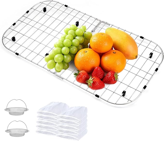 2 Pack Detachable Sink Protectors - 18/8 Stainless Steel Draining Grid & Dish Rack, Medium Hole, Customizable Fit 665 x 362mm (26 3/16 x 14 1/4)