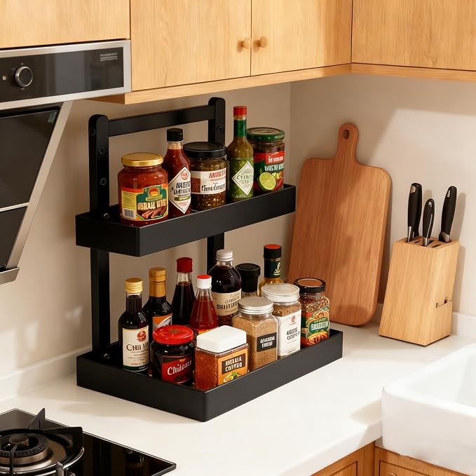 2-Tier Under Sink Pull Out Organizer, Bamboo Cabinet Storage Shelf with Adjustable Height, Slide Out for Kitchen Bathroom Pantry (Black, 1 Pack)