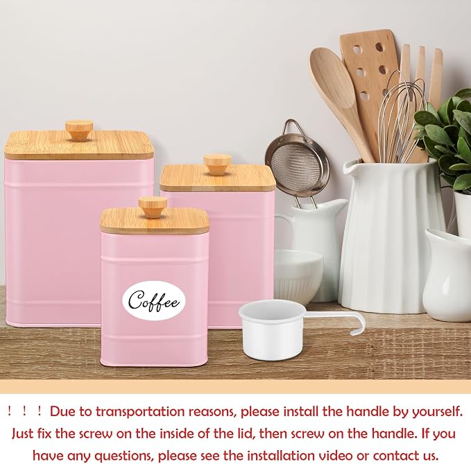 Tioncy Kitchen Canisters for Countertop Set of 3 Metal Canisters Sets with Bamboo Lids Spoon Airtight High Capacity Coffee Tea Sugar Flour Jars with DIY Labels Farmhouse Food Storage (Pink,XL,L,M)