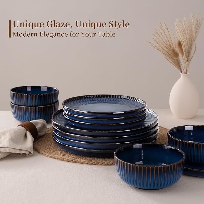 Famiware Starlight 24-Piece Plates and Bowls Sets for 8, Stoneware Dinnerware with Ribbed Textured, Handcrafted Reactive Glaze Dishes - Dishwasher & Microwave Safe, Chip/Scratch Resistant, Starry Blue