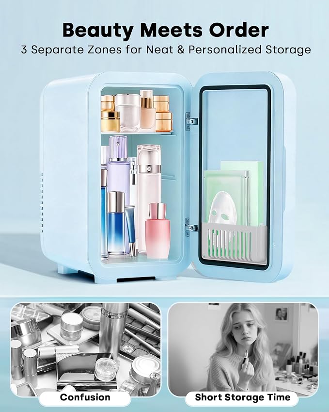 Enventor Mini Skincare Fridge Small Refrigerator for Bedroom, Beauty Fridge for Makeup with Dimmable LED Mirror, 6 L / 8 Cans Compact Portable Cooler for College Dorm, Office, Car, Blue