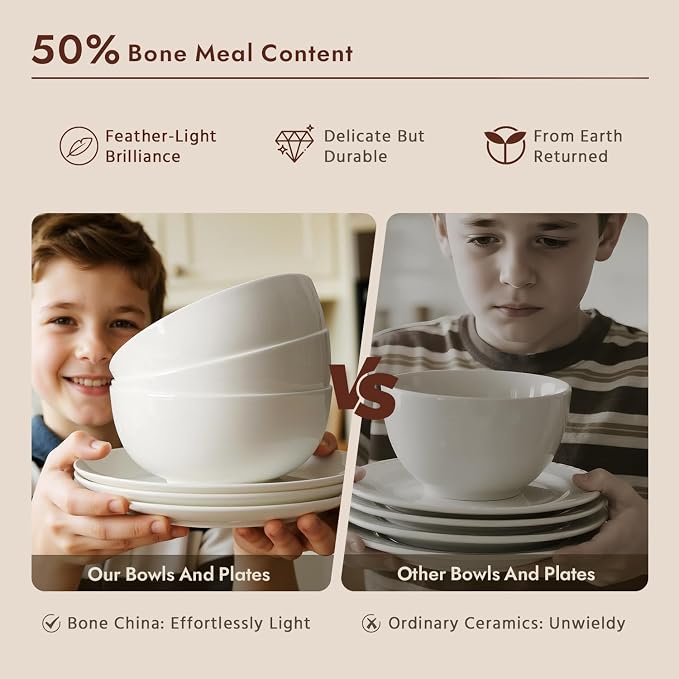 KINGSTONE 18-Piece Bone China Dinnerware Set for 6, Lightweight Porcelain Round Plates and Bowls Set, Durable Scratch Resistant Ceramic Dinner Set, Microwave & Dishwasher Safe, Ivory White