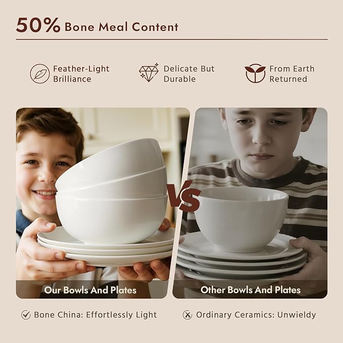 KINGSTONE 24-Piece Bone China Dinnerware Set for 8, Lightweight Porcelain Round Plates and Bowls Set, Durable Scratch Resistant Ceramic Dinner Set, Microwave & Dishwasher Safe, Ivory White
