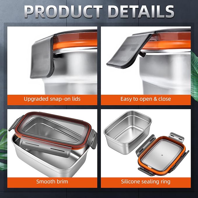 Stainless Steel Airtight Food Storage & Bento Lunch Box Set of 6 - Leakproof Seal, Dishwasher & Freezer Safe, Stackable, 3 Sizes (19.4/38.8/67oz) for Meal Prep, Work, Travel