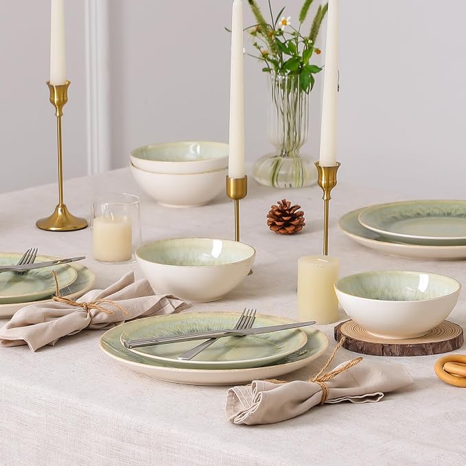 DOMICREVERY Ceramic Dinnerware Sets for 4, 12 Pieces Plates and Bowls Sets, Moss Green