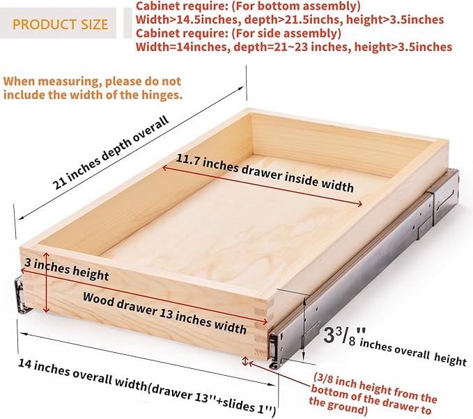 Mulush 13”W x 21”D x 3”H Soft Close Slide Out Wood Drawer Organizer for Kitchen, (Cabinet Opening Width>14.5 inches for Bottom Assembly, Width= 14 inches for Side Assembly)