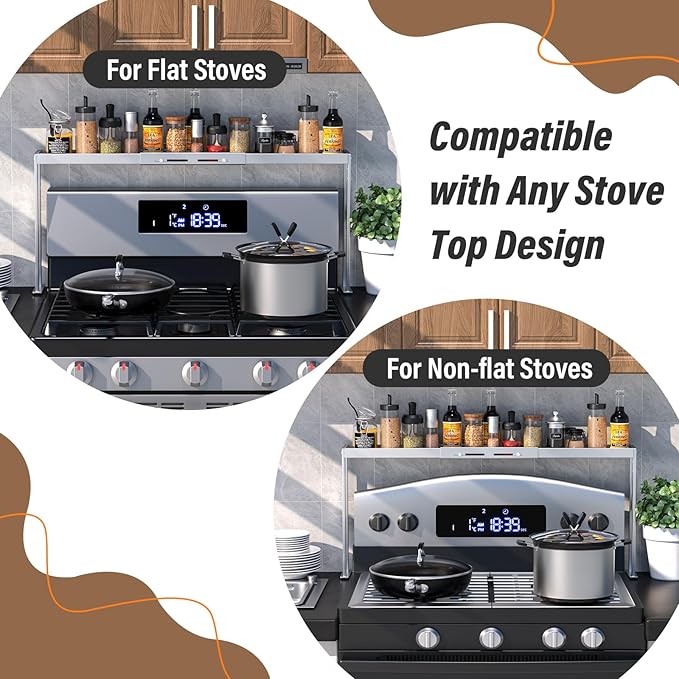 BOIVSHI Stove Top Shelf - Adjustable Oven Shelf for Top of Stove for 27-33inch, Kitchen Spice Organizer, Silver
