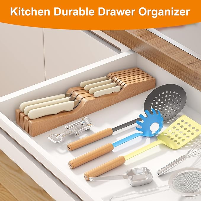 In-Drawer Knife Block Organizer - Bamboo Wood Drawer Knife Organizer-Protecting Knife Organizer Block (Not Included) (Natural, 7 Knives Dock)