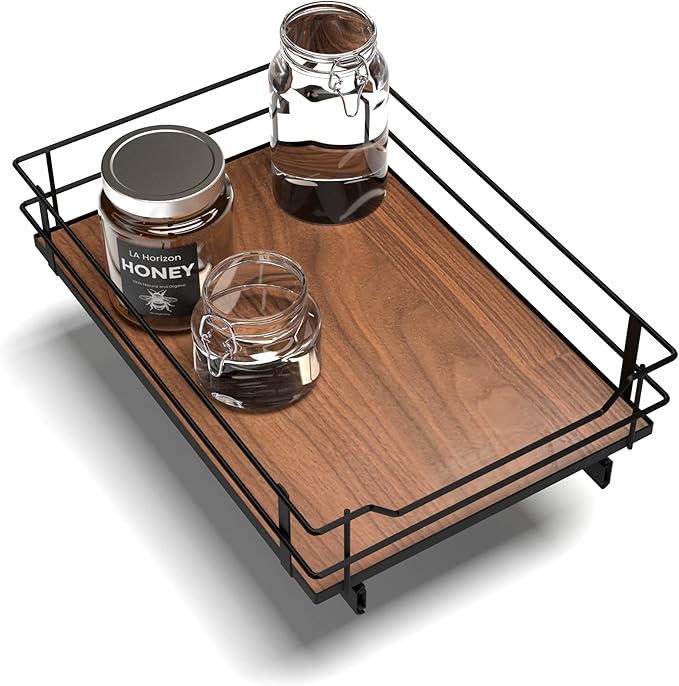 Home Zone Living Pull Out Kitchen Cabinet Organizer with Slide Out Drawer for Space Saving Storage, 14”W x 21”L, Matte Black Dark Brown Wood Finish