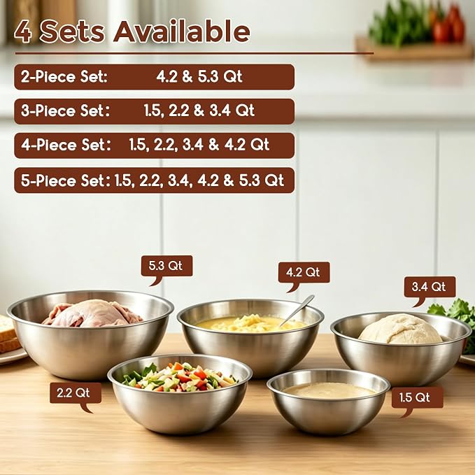 Gronivex 304 Stainless Steel Mixing Bowls, 3-Piece (1.5, 2.2 & 3.4 Qt) | Food-Grade Metal, Dishwasher safe，Stackable Nesting & Space-Saving – For Kitchen Baking, Salads, Meal Prep, RV & Camping