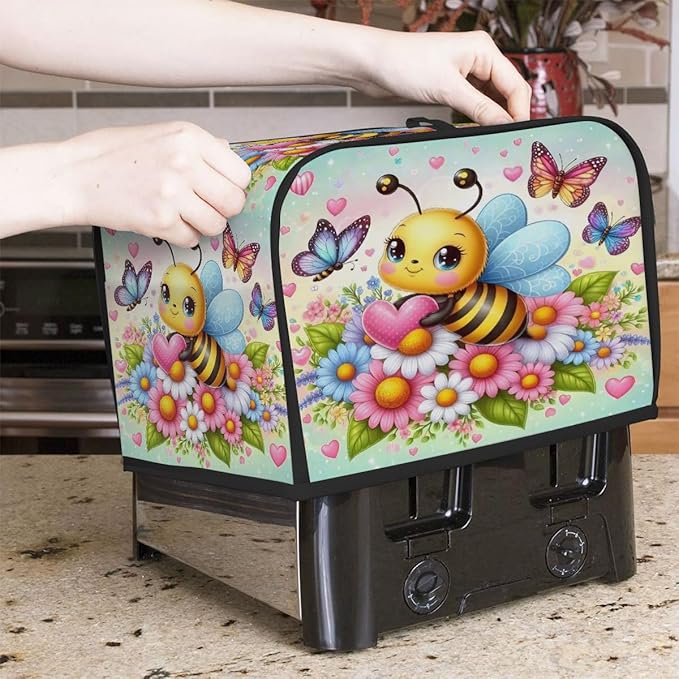Cute Bee Spring 4 Slice Toaster Cover Dust And Fingerprint Bread Maker Cover Bakeware Protector Washable Appliance Covers Kitchen Accessories For Home Kitchen Women Gift