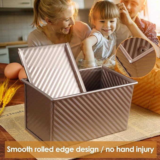2pack Pullman Bread Pans with Lid, 1LB Capacity, Aluminized Steel Bread Loaf Pan, Non-Stick, Easy Release Sandwich Bread Loaf Pan for Baking Homemade Bread