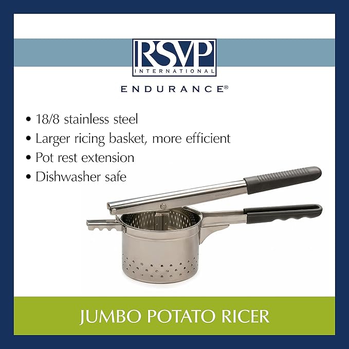 RSVP International Endurance® Jumbo Potato Ricer | Mash Potatoes, Fruits, Vegetables & More | Extra Large Ricing Basket | Pot Resting Extension | Dishwasher Safe