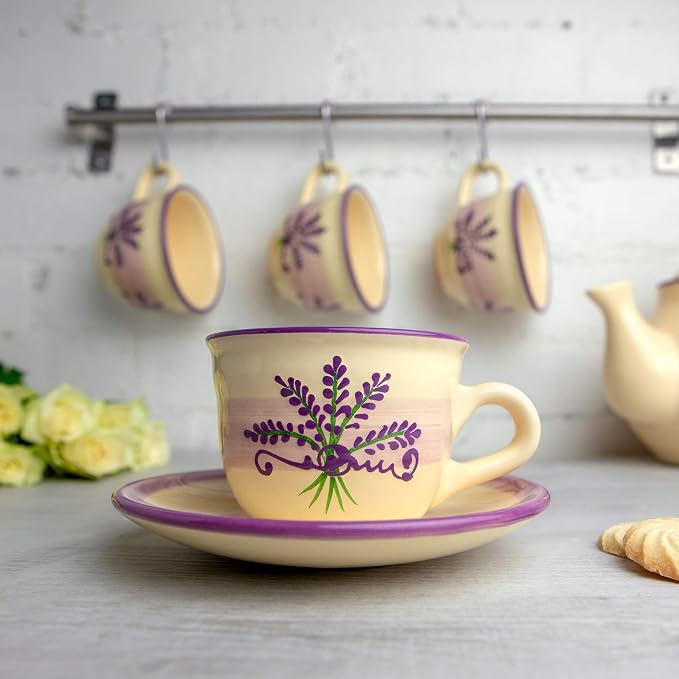 City to Cottage Handmade Lavender Floral Purple And Cream Ceramic 8.4oz/250ml | Cappuccino, Coffee, Tea Cup and Saucer, Unique Designer Pottery for Tea Lovers